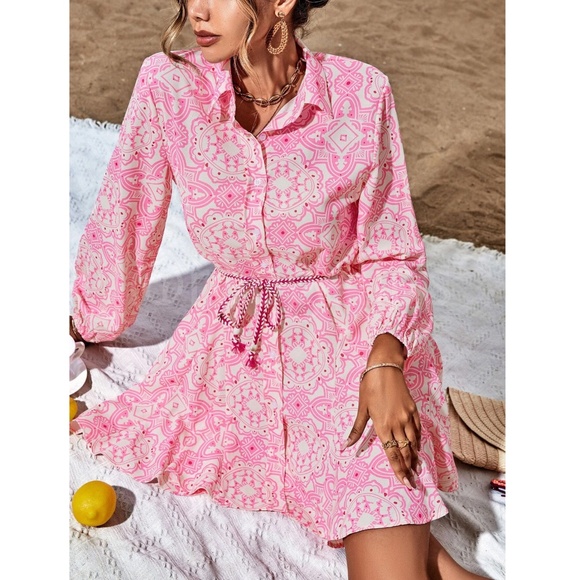 Pink Belted Button Front Long Sleeve Flared Short Dress - Picture 6 of 16